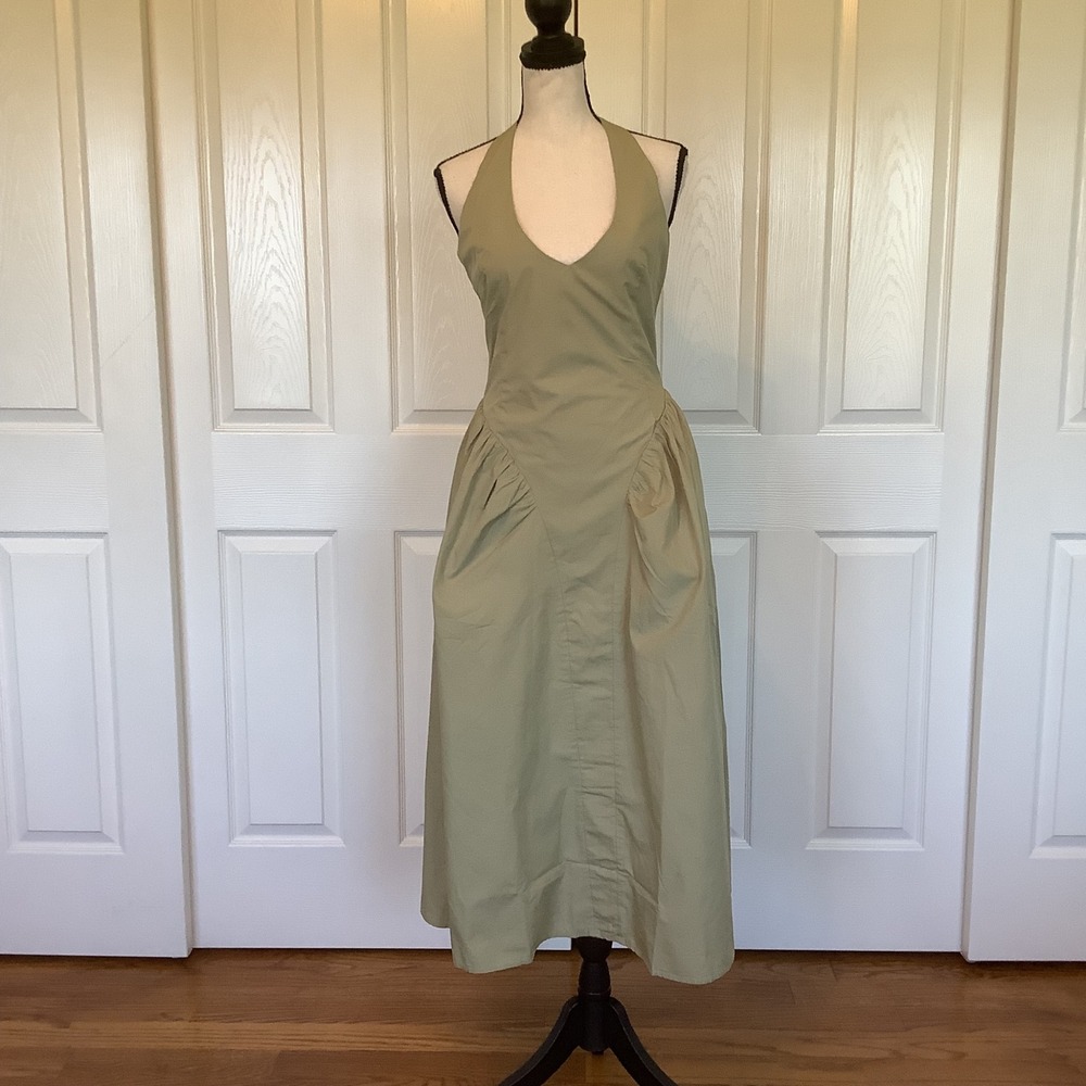 Oak + Fort Cotton Halter Midi Dress Green Tea Womens Size S NWT